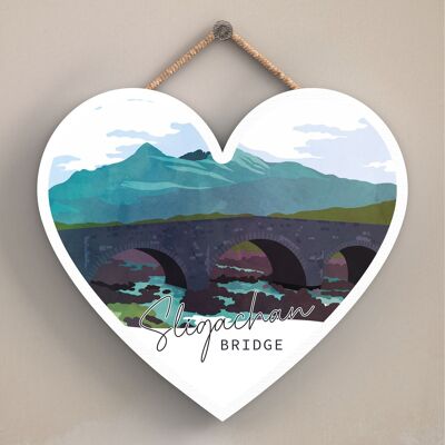 P5038 - Placa de madera con ilustración de paisaje escocés del día del puente de Sligachan