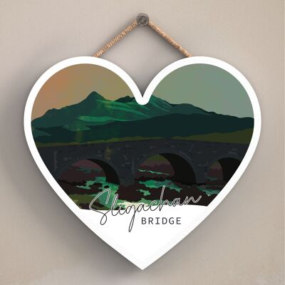 P5039 - Placa de madera con ilustración de paisaje escocés nocturno del puente Sligachan