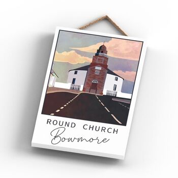 P5115 - Plaque ronde en bois d'illustration de paysage d'église de Bowmore Scotlands 3