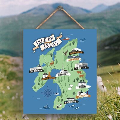 P5116 - Mappa della distilleria di whisky dell'isola di Islay della Scozia Illustrazione Targa in legno