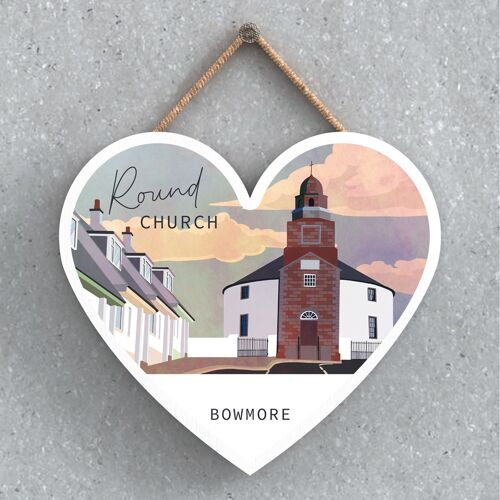 P5117 - Round Church Bowmore Scotlands Landscape Illustration Heart Shaped Wooden Plaque