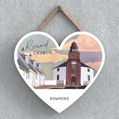 P5117 - Round Church Bowmore Scotlands Landscape Illustrazione Targa in legno a forma di cuore