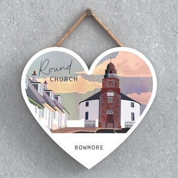 P5117 - Église ronde Bowmore Scotlands Paysage Illustration Plaque en bois en forme de coeur 1