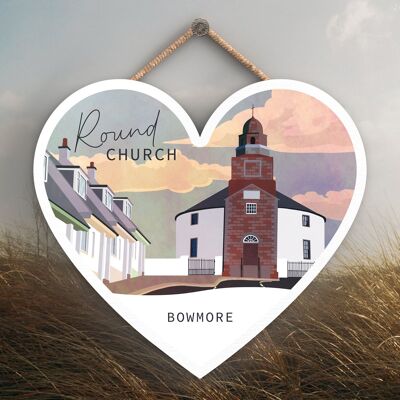 P5118 - Round Church Bowmore Scotlands Landscape Illustration Heart Shaped Wooden Plaque