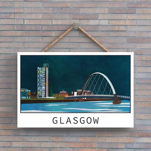 P5122 - Glasgow  River Clyde Arc Night Scene Scotlands Landscape Illustration Wooden Plaque