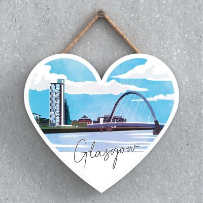 P5142 - Glasgow River Clyde Arc Daylight Scotlands Paisaje Ilustración Placa con forma de corazón de madera