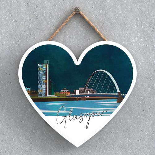 P5145 - Glasgow  River Clyde Arc Night Scene Scotlands Landscape Illustration Wooden Heart Plaque