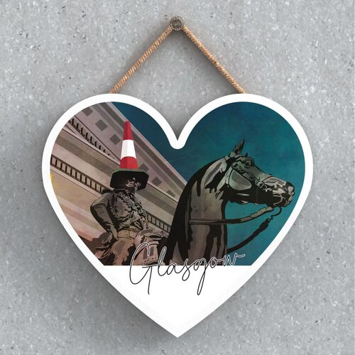 P5146 - Duke Of Wellington Statue Night Scene Glasgow Scotlands Landscape Illustration Wooden Heart Plaque