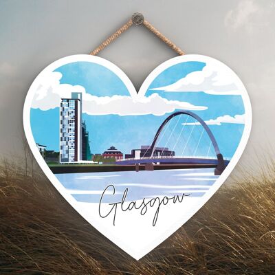 P5148 - Glasgow River Clyde Arc Daylight Scotlands Paisaje Ilustración Placa con forma de corazón de madera