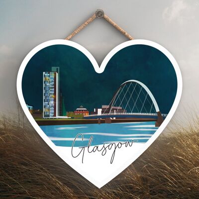 P5151 - Glasgow  River Clyde Arc Night Scene Scotlands Landscape Illustration Wooden Heart Plaque