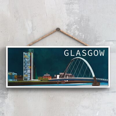 P5155 - Placa de madera con ilustración de paisaje escocés de escena nocturna del arco Clyde del río Glasgow
