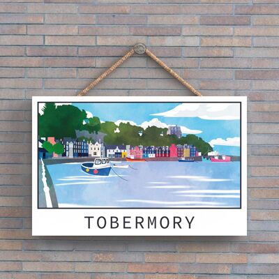 P5158 - Tobermory Harbour Illustration Scotland Landspace Wooden Hanging Plaque
