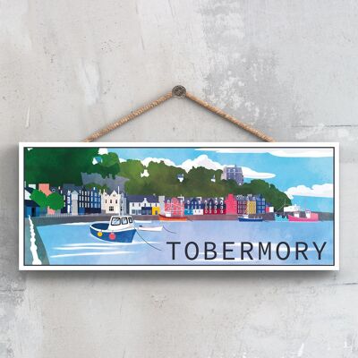 P5161 - Tobermory Harbour Illustration Scotland Landspace Wooden Hanging Plaque