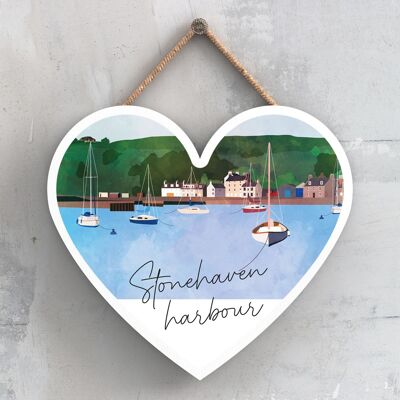 P5166 - Stonehaven Harbour Illustration Scotland Landspace Wooden Hanging Plaque