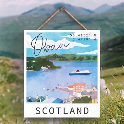P5364 - Oban Harbour Scene Scotlands Landscape Illustration Targa da appendere in legno