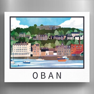 P5365 - Imán de madera con ilustración de paisaje de Escocia frente al puerto de Oban