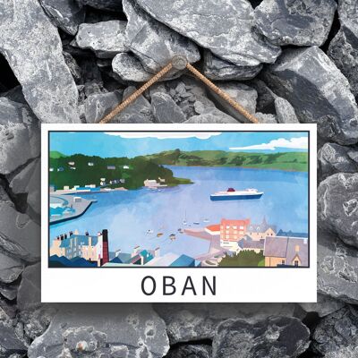 P5368 - Oban Harbour Scene Scotlands Landscape Illustration Placa colgante de madera