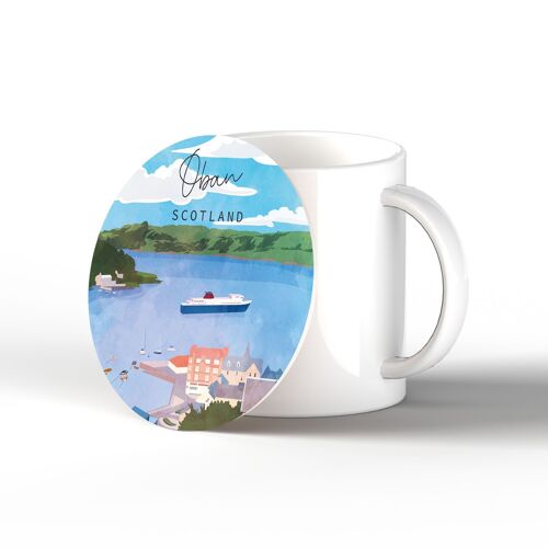 P5370 - Oban Harbour Scene Scotlands Landscape Illustration Ceramic Coaster