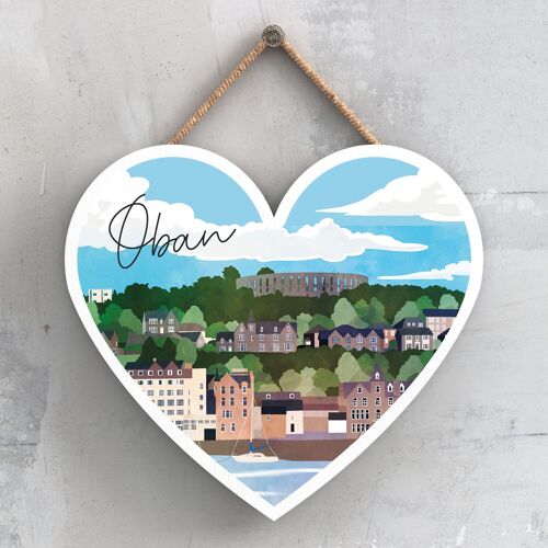 P5371 - Oban Harbour Front Scotlands Landscape Illustration Wooden Hanging Plaque