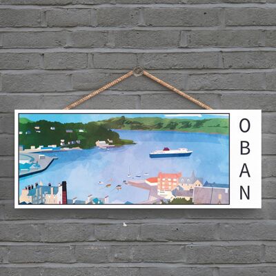 P5375 - Placa colgante de madera con ilustración de paisaje escocés de escena del puerto de Oban