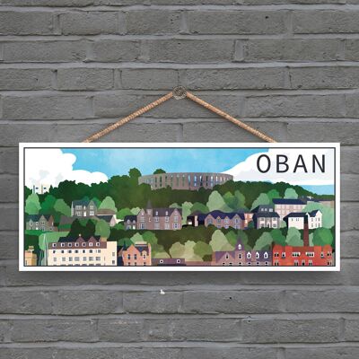 P5376 - Placa colgante de madera con ilustración de paisaje de Escocia frente al puerto de Oban