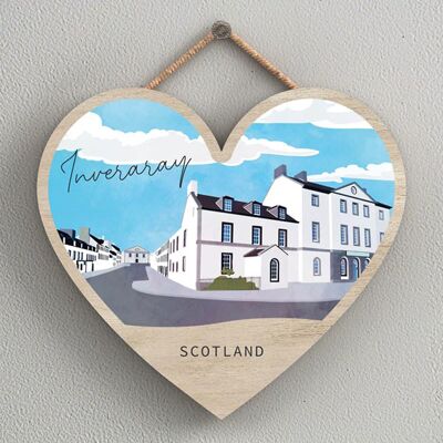 P5382 - Inveraray Street Scotlands Landscape Illustration Wooden Heart Shaped Hanging Plaque