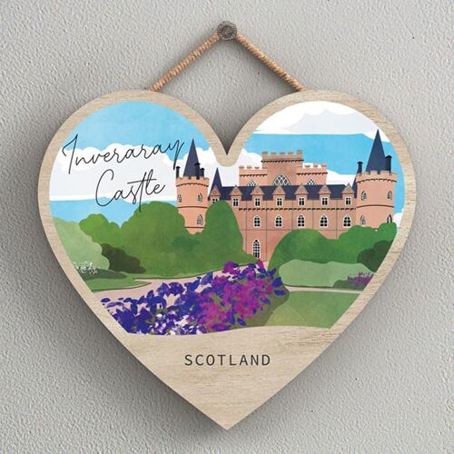 P5383 - Inveraray Castle Scotlands Landscape Illustration Wooden Heart Shaped Hanging Plaque
