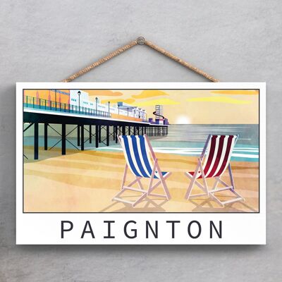 P5388 – Paignton Pier mit Liegestühlen am Strand Souviner Dekoratives Holzschild zum Aufhängen