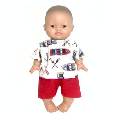 Outfit für die Jungenpuppe: Bateaux-Tunika und rote Shorts