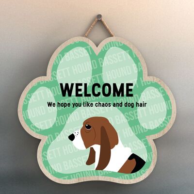 P5497 – Basset Hound Welcome Chaos und Hundehaar Katie Pearson Artworks Pawprint Hanging Plaque