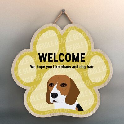 P5498 - Beagle Welcome Chaos And Dog Hair Katie Pearson Artworks Plaque à suspendre avec empreinte de patte