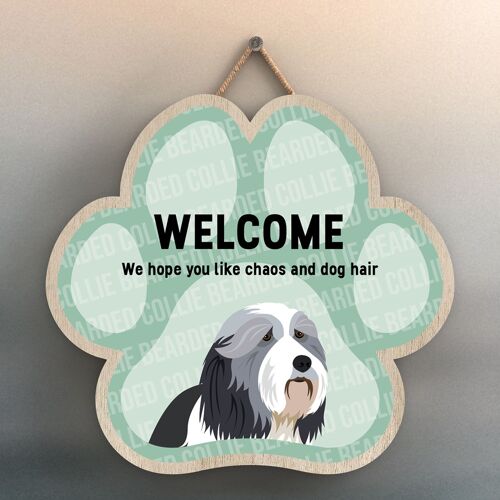 P5499 - Bearded Collie Welcome Chaos And Dog Hair Katie Pearson Artworks Pawprint Hanging Plaque