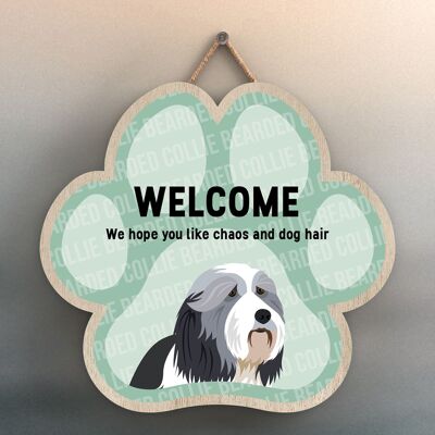 P5499 – Bearded Collie Welcome Chaos und Hundehaar Katie Pearson Artworks Pawprint Hanging Plaque