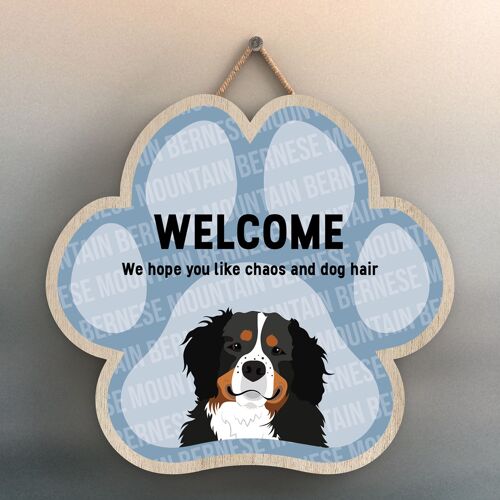 P5502 - Bernese Mountain Welcome Chaos And Dog Hair Katie Pearson Artworks Pawprint Hanging Plaque