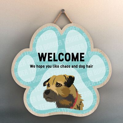 P5505 – Border Terrier Welcome Chaos und Hundehaar Katie Pearson Artworks Pawprint Hanging Plaque