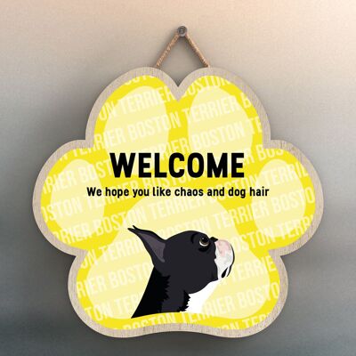 P5506 - Boston Terrier Welcome Chaos And Dog Hair Katie Pearson Artworks Pawprint Hanging Plaque