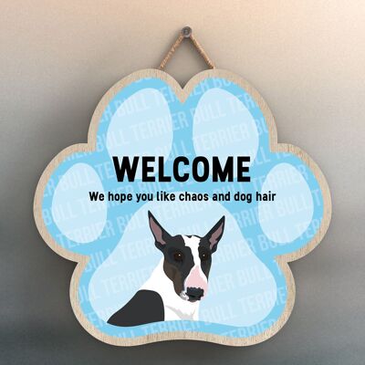 P5507 - Bull Terrier Welcome Chaos And Dog Hair Katie Pearson Artworks Pawprint Hanging Plaque