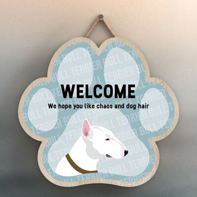 P5508 - Bull Terrier Welcome Chaos And Dog Hair Katie Pearson Artworks Pawprint Hanging Plaque