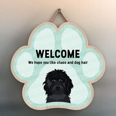 P5513 – Cockapoo Welcome Chaos und Hundehaar Katie Pearson Artworks Pawprint Hanging Plaque