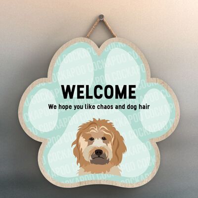 P5514 – Cockapoo Welcome Chaos und Hundehaar Katie Pearson Artworks Pawprint Hanging Plaque