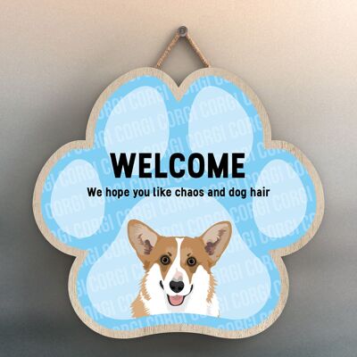 P5516 - Corgi Welcome Chaos And Dog Hair Katie Pearson Artworks Pawprint Hanging Plaque