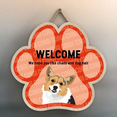 P5517 - Corgi Welcome Chaos And Dog Hair Katie Pearson Artworks Pawprint Hanging Plaque