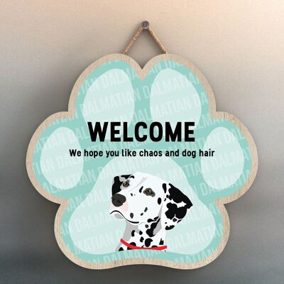 P5519 - Dalmation Welcome Chaos And Dog Hair Katie Pearson Artworks Pawprint Hanging Plaque