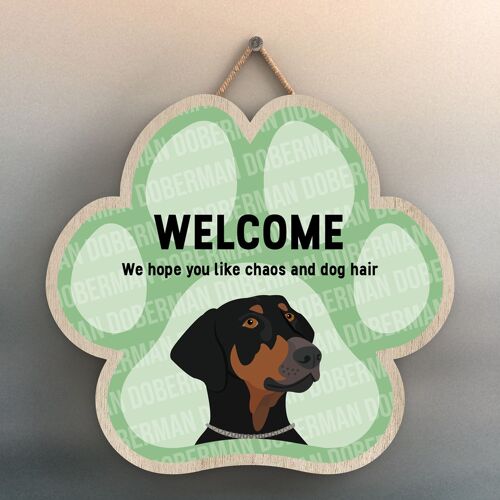 P5520 - Doberman Welcome Chaos And Dog Hair Katie Pearson Artworks Pawprint Hanging Plaque