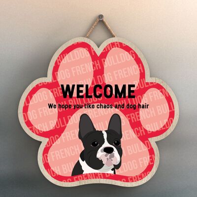 P5523 – French Bulldog Welcome Chaos and Dog Hair Katie Pearson Artworks Pawprint Hanging Plaque
