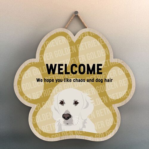 P5525 - Golden Retriever Welcome Chaos And Dog Hair Katie Pearson Artworks Pawprint Hanging Plaque