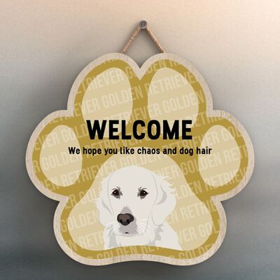 P5525 - Golden Retriever Welcome Chaos And Dog Hair Katie Pearson Artworks Pawprint Hanging Plaque