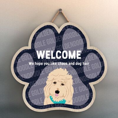 P5526 – Goldendoodle Welcome Chaos und Hundehaar Katie Pearson Artworks Pawprint Hanging Plaque