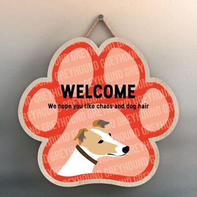 P5527 – Greyhound Welcome Chaos und Hundehaar Katie Pearson Artworks Pawprint Hanging Plaque