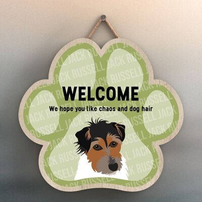 P5530 – Jack Russell Welcome Chaos und Hundehaar Katie Pearson Artworks Pawprint Hanging Plaque